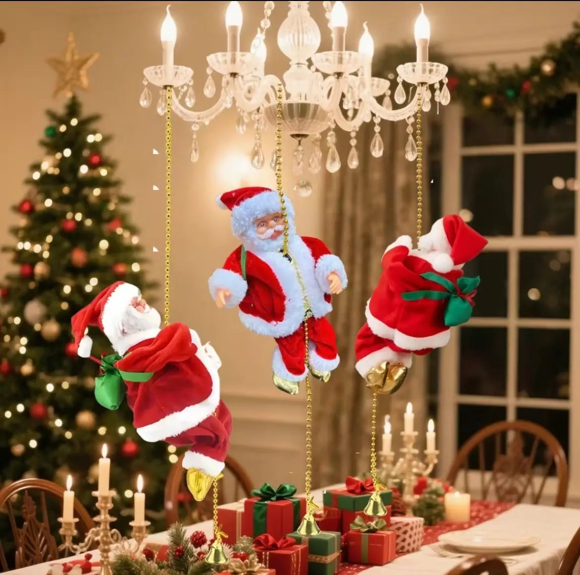 Animated Motorized Climbing Santa with Rope Ladder Festive Christmas Decoration for Home Party Fun Musical Santa Figure Ideal Holiday Gift for Kids Families - Ornament