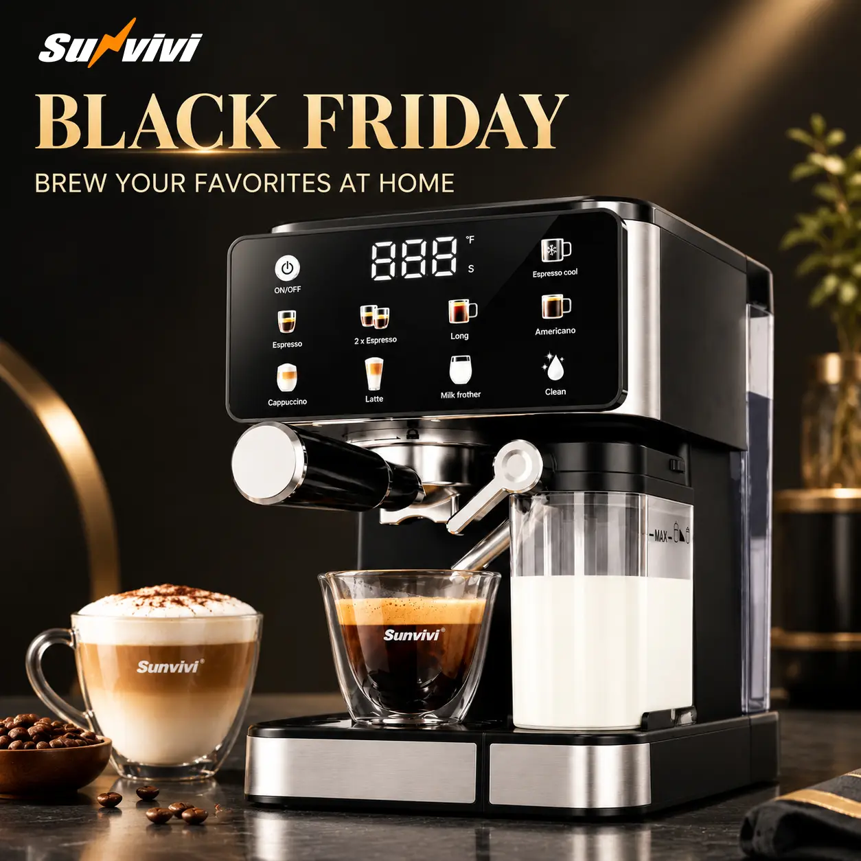 Sunvivi Black Friday Coffee Maker - Brew Your Favorites at Home with Multiple Brewing Options and Milk Frother