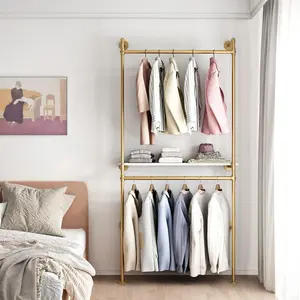 Gold Pipe Clothing Racks with Shelves, Wall Mounted Heavy Duty Gold Clothes Rack with Double Hanging Rods for Hanging Clothes, Laundry Room Organiser Hangable Plants