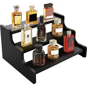 Daily necessities for home 3 Tier Display Risers, Wooden Cologne Organizer for Men, Perfume Organizer Stand, Cologne Stand with Anti-Slip Washers, Wooden Display Shelf Stand for Dessert, Cupcake, Figure and Collection, Black, 3-tier-9.4in