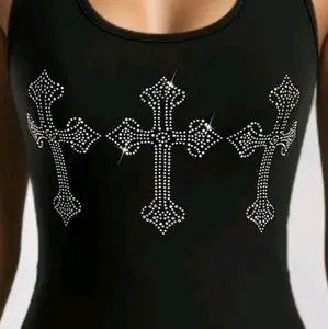 WOMEN'S SEXY BLACK RHINESTONE CROSS TANK MEDIUM Flowy