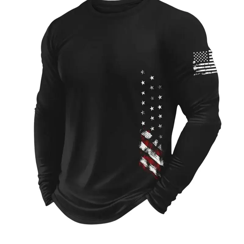 Men's Flag Letter Print Round Neck Long Sleeve Classic Knit T-Shirt, Spring Casual Pullover, Fitted Style, Moderate Fabric, H Type Silhouette, Knitwear