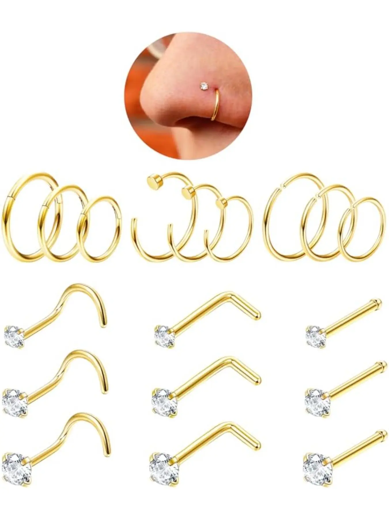 22G 20G 18G Nose Rings Hoops Hinged Nose Hoops Studs for Women 316L Steel Cork Screw Nose Rings L Shape Nostril Piercing Jewelry