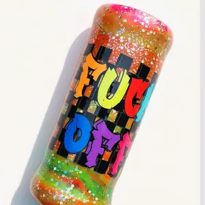 Tie-Dye Attitude Cup – Orange, Pink & Green Glitter Epoxy Tumbler | ‘F*ck Off’ Custom Drinkware