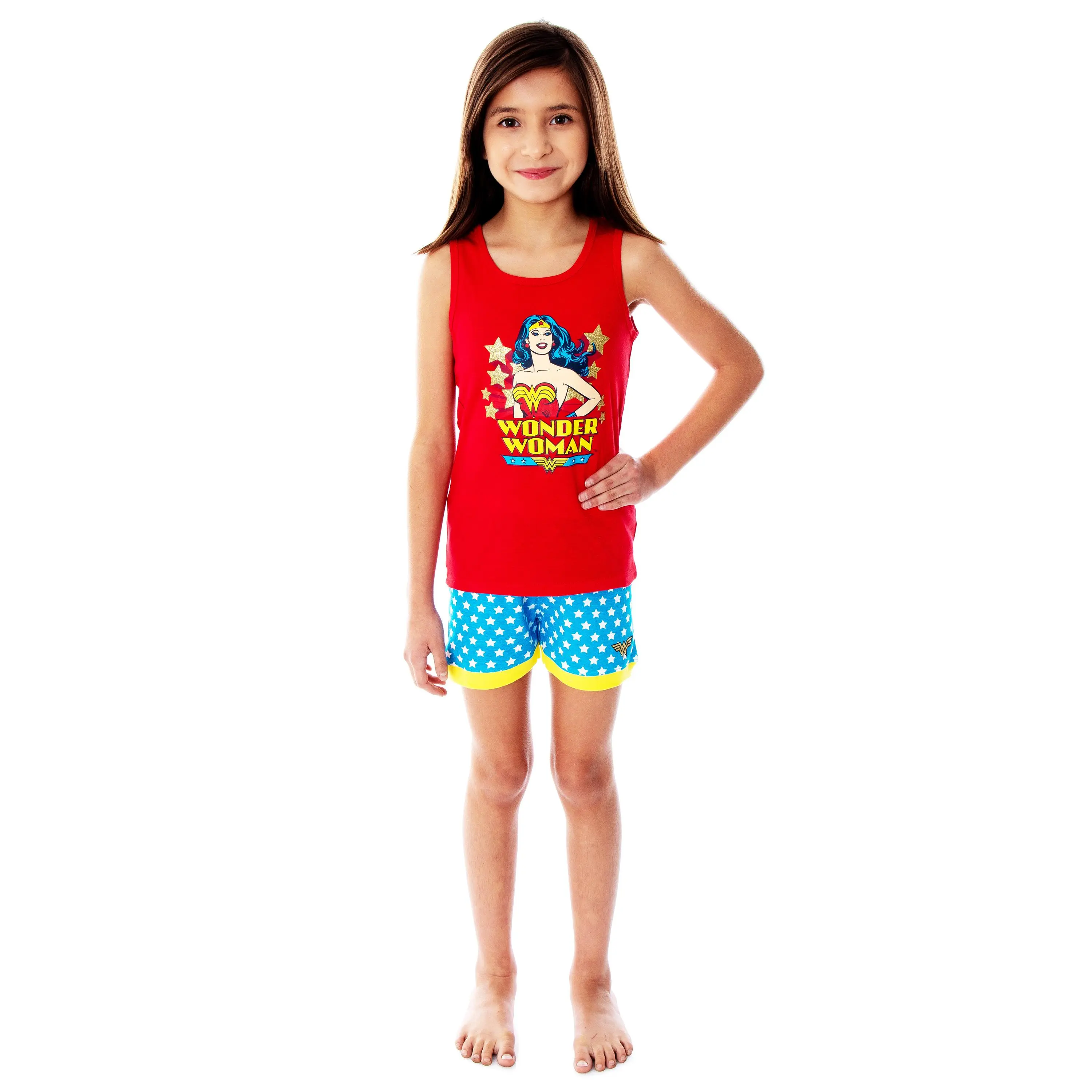 DC Comics Girls Wonder Woman Pajamas Tank Top And Shorts 2 Piece Superhero Pajama Set For Girls