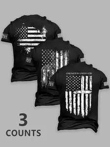 Men's 3-Piece American Flag Graphic Tee Set, Casual Fitted Short Sleeve Top, Patriotic Religious Style, No Zipper, No Collar