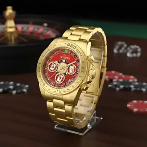 Invicta Speedway 39.5mm Men's Watch Roulette Wheel Orange Red Dial All Gold Tone Stainless Steel Ace Playing Card Sub-Dials Tachymeter Dice Bezel Japanese Quartz VD53 Chronograph 200m Dive Water Resistant Casino Theme Collector