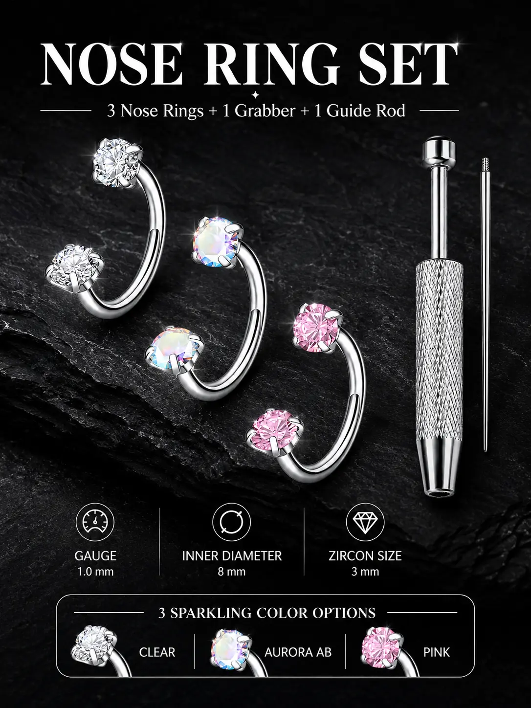 NOVA 3pcs Value Pack 316L medical-grade titanium steel 18G 1.0mm Horseshoe Nose Hoop Internally Threaded Gems Nose Ring with Free Ball Holder & Jewelry Insertion Guide