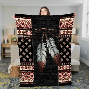 Native America Fleece Blanket 2 Sizes - Native Heritage Inspired Blanket Cozy Tribal Pattern Throw Rustic Home Decor Gift