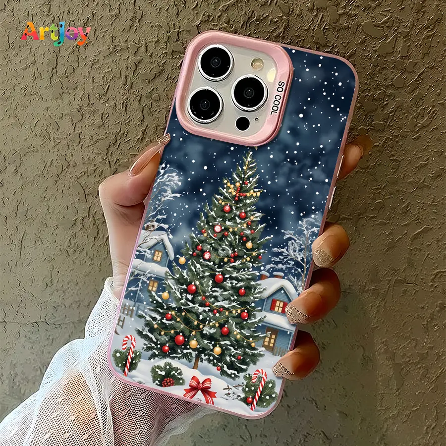 Christmas Tree-Cabin-Candy Cane-Snowflake Print Shockproof Phone Shell, Pink Camera Frame Fashion Versatile Protective Case, Compatible with iPhone 17 Pro Max,16,16 Plus,15,14,13,12, Ideal Holiday Gift, Smartphone, Handheld