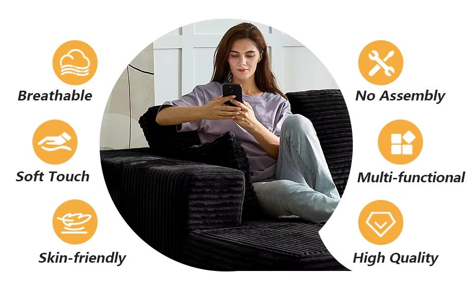 Modular Corduroy Cloud Couch Set - Boneless Sectional 3-Seat Convertible Sleeper Bed, Plush Oversized Chaise Loveseat with Soft Fabric, Blend Down Boneless Couches for Living Room Sofas, Indoor Apartment Furniture,summerwins