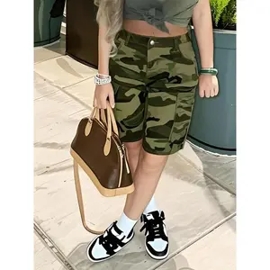 【Plus Size】 Camo Print Button Fly Cargo Shorts, Casual Pocket Design Denim Shorts for Summer, Women's Bottoms for Daily Wear