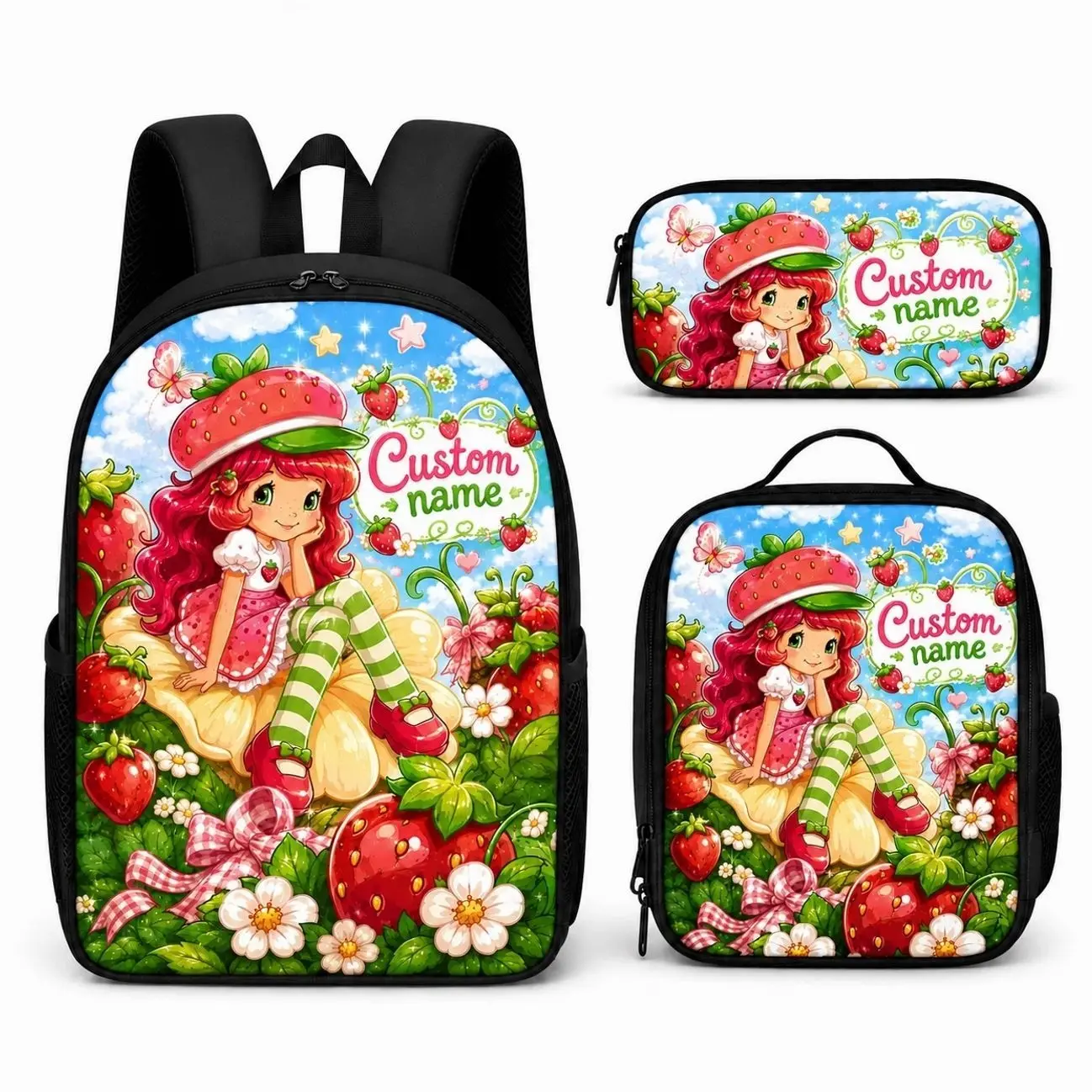 Custom Name Cute Cartoon Strawberry Girl 3Pcs Backpack Set - Schoolbag Insulated Lunch Tote Pencil Case - Personalized Back to School Gift