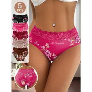 QUASTI 5-Pack Mid-Rise Floral Print & Lace Trim Panties, Soft & Breathable Fabric, Comfortable Everyday Women's Underwear, Suit For Size S-5XL