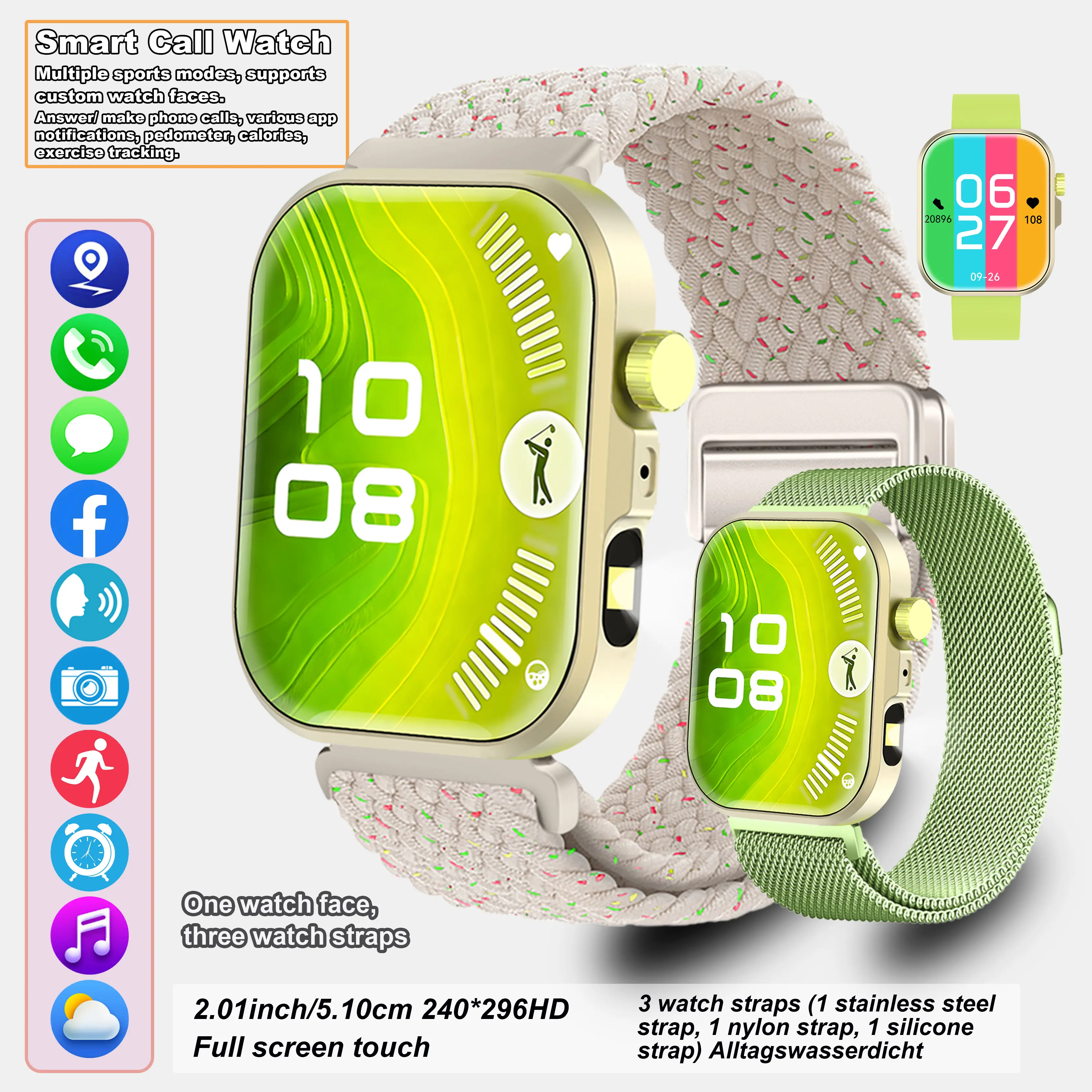 Smart Calling Smartwatch, 2.01-Inch Large Touchscreen Wearable Devices, Zinc Alloy Midframe, Multiple Straps, Customizable Faces, Sport Modes, Sports Tracking, Health Monitoring