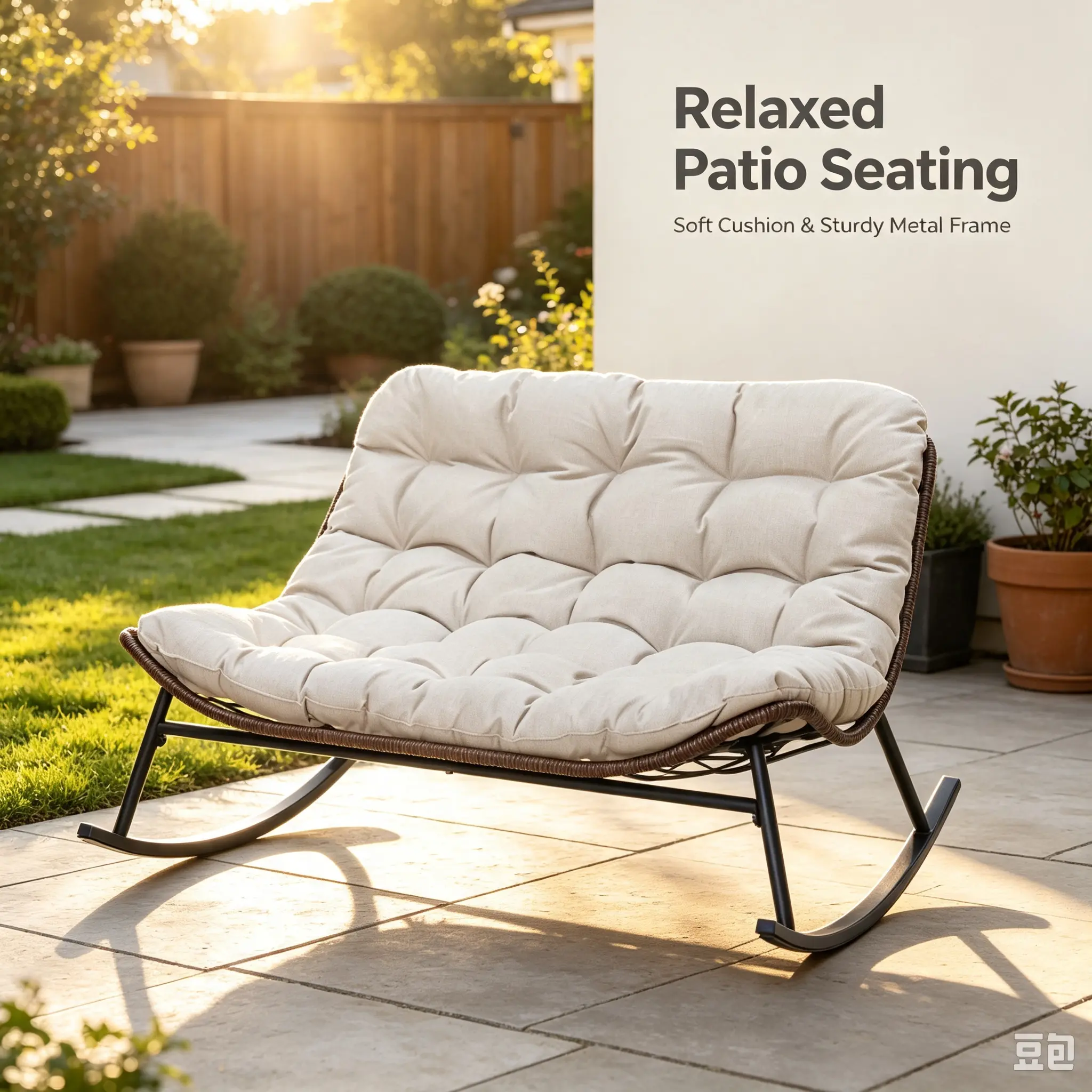 Double Wide Rocking Papasan Chair - Casual Armless Outdoor Furniture, Outdoors Safe Design, Solid Cushion, Luxurious Comfort, Steel Frame