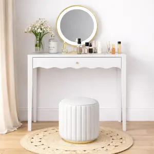 White 35.43" Vanity Desk with Drawer – Modern Makeup Table with Scalloped Front & Gold Knob, Compact Writing Desk with 4 Sturdy Legs for Bedroom, Small Home Office & Apartment Spaces