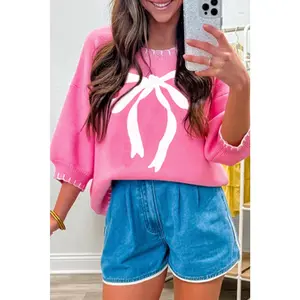 Sachet Pink Big Ribbon Bow Print Contrast Stitch Trim Drop Shoulder Sweater