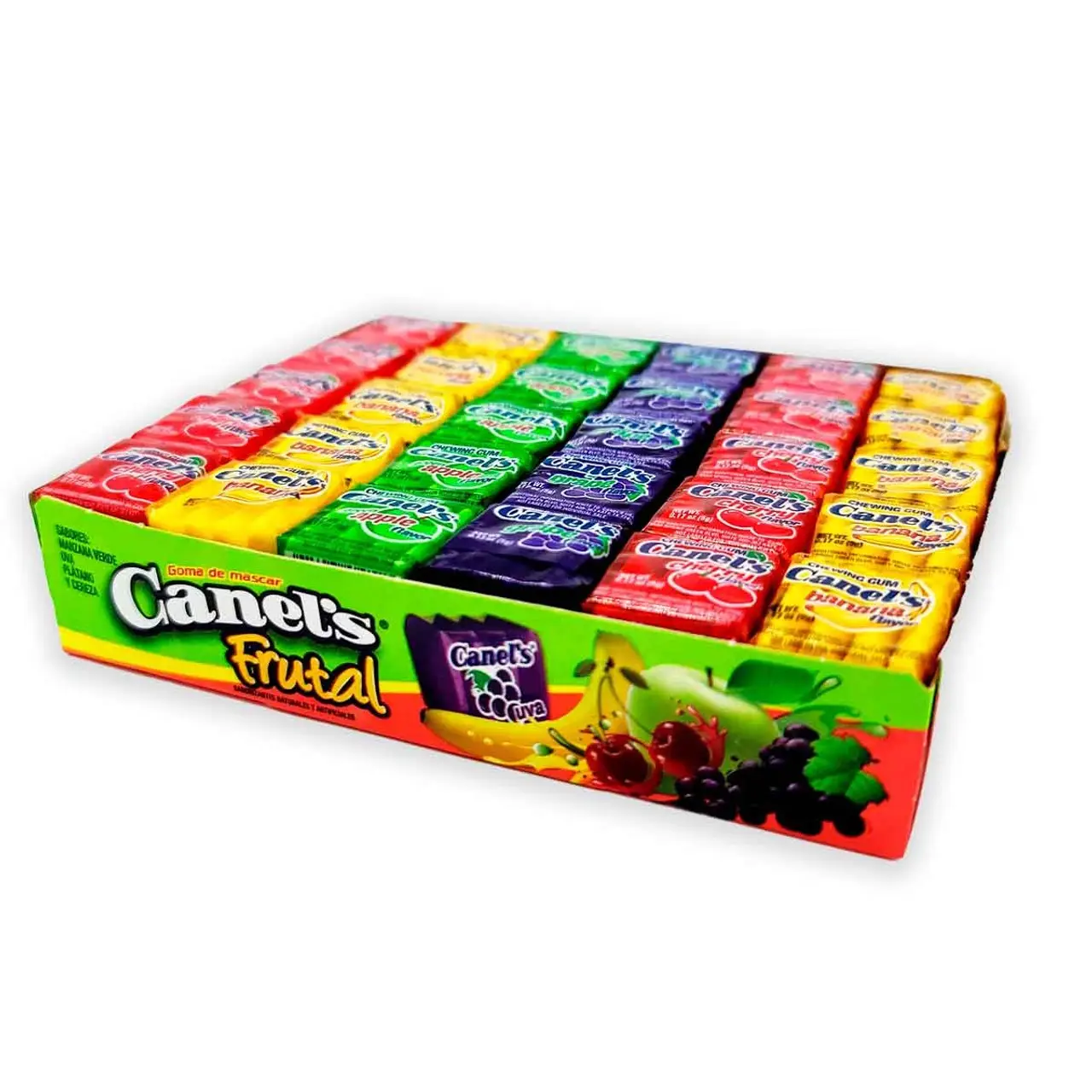 Canels Fruit Chewing Bubble Gum Chicle Frutal 60 Pcs Fruity, Green Apple, Grape, Banana, and Cherry Sweet Mexican Candy Snack Pineapple