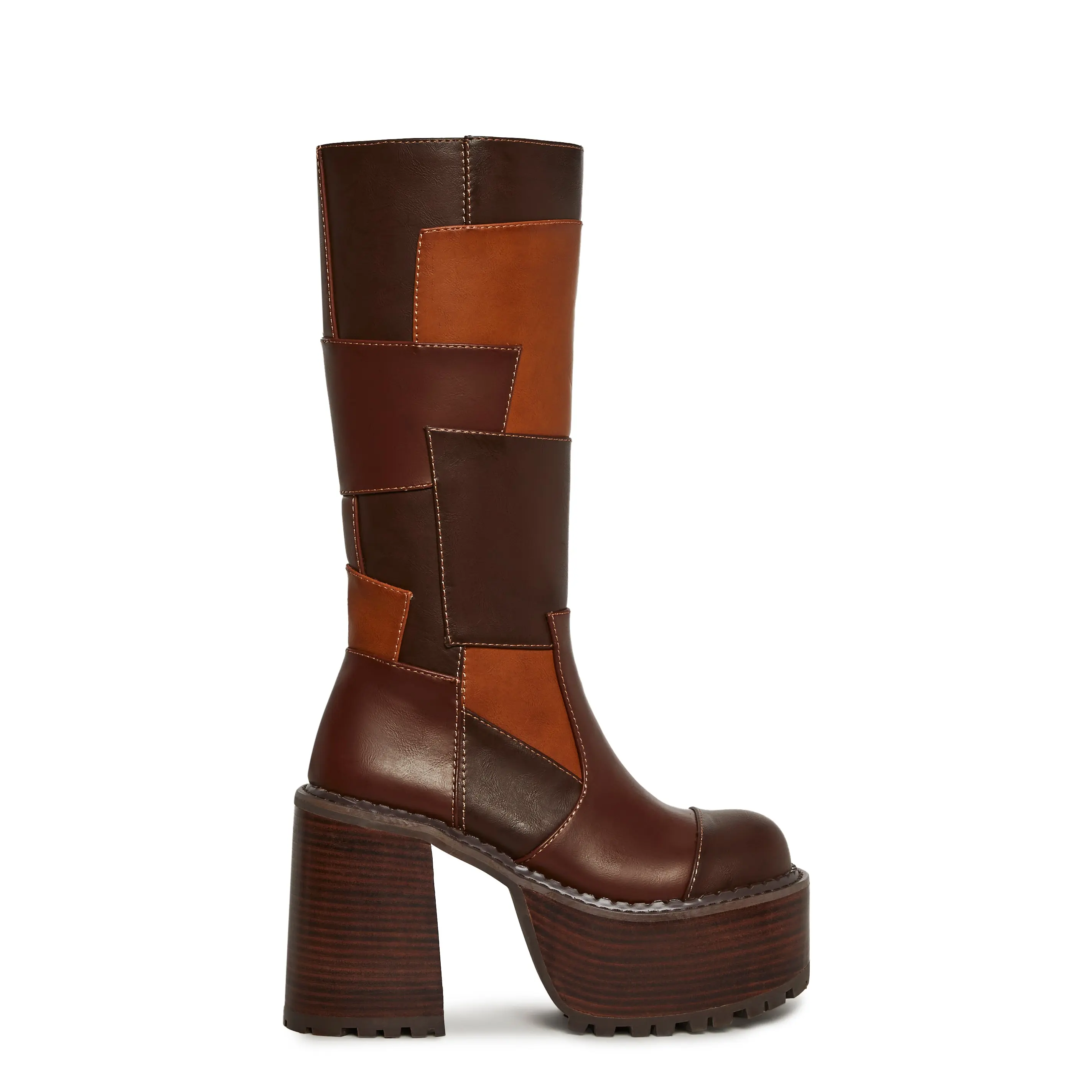 Winding Roads Knee High Patchwork Boots - Brown