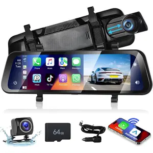 9.66" Carplay Mirror Dash Cam with Android Auto, Rear View Mirror Camera Front and Rear Dual Cameras Support Voice Control Night Vision Parking Assistance Monitoring 64G TF Card