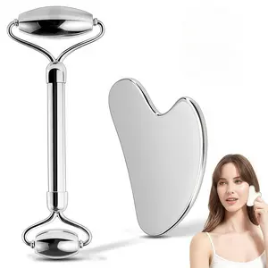 LMMAKE Stainless Steel Facial Roller & Gua Sha - 304 Steel Gua Sha Tool for Face & Body, Enhances Circulation, Reduces Puffiness, Ergonomic Design, Travel Pouch Included