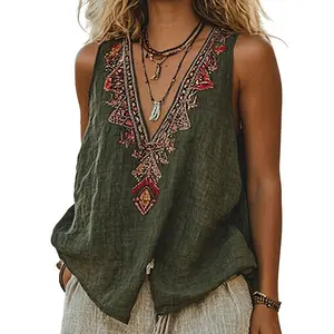 Chvity Mexican Embroidered Tops for Women Summer Floral Sleeveless Boho Tops Casual V Neck Peasant Blouse Loose Tank Tops Vneck Womenswear,summervibes