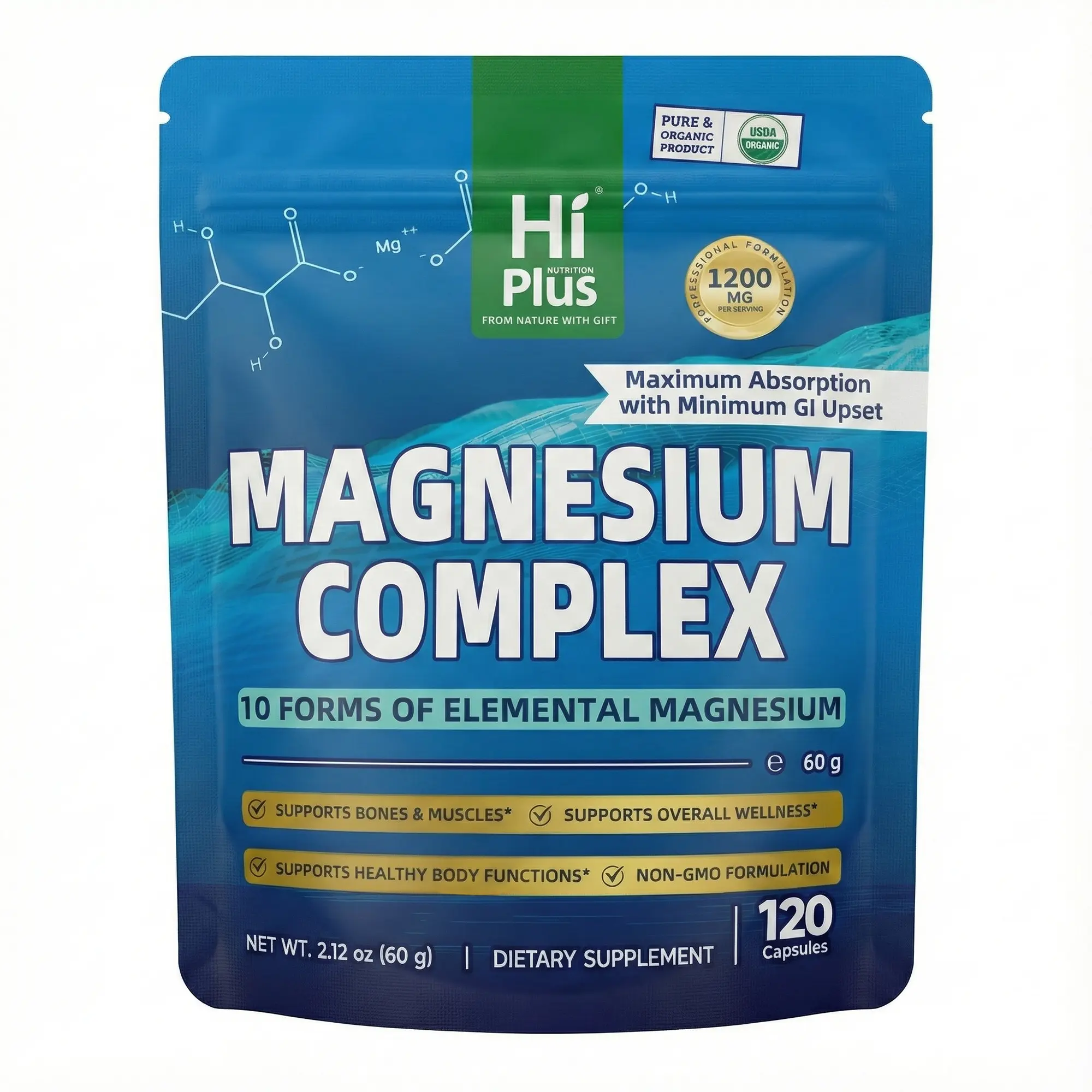 HiPlus Magnesium Complex 1200mg Dietary Natural Supplements - 10 Essential Forms, 120 Non-GMO Flavorless Capsules, Lactobacillus Prebiotic Blend, Digestive Enzymes, All Natural Mushroom, Optimum Absorption, B Vitamins, Lab Tested for Men & Women