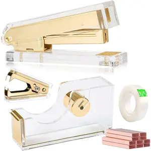 Acrylic Gold Tape Dispenser and Desktop Stapler, Office Supplies with Staple Remover, Tape, 1000 pcs Staples, Desk Accessory Kit, Cute Office Stapler Set for Modern Design Office Desktop