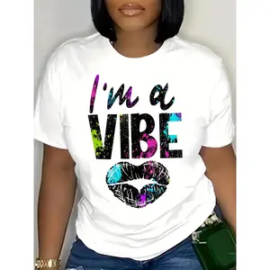 100% Cotton I'm A Vibe Graphic Tee - Women's Casual Short Sleeve Crew Neck T-Shirt with Vibrant Lip Print, Comfy Blend for Casual Attire & Stylish Outfits, Autumn Apparel | Trendy Casual Tee | Comfortable Fit