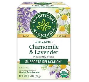 Traditional Medicinals Organic, Chamomile & Lavender - Chamomile Tea Supporting Stress Relief and Relaxation - Kosher, Non-GMO, Caffeine-Free, Compostable - 16 Tea Bags
