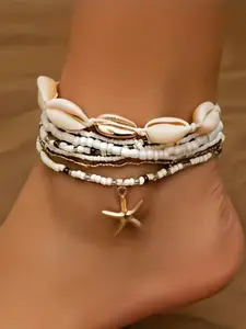 Fashion Starfish Summer Boho Shell Woven Pearl Pendant Set Anklet Metal Chain for Women Daily Beach Vacation Street Style