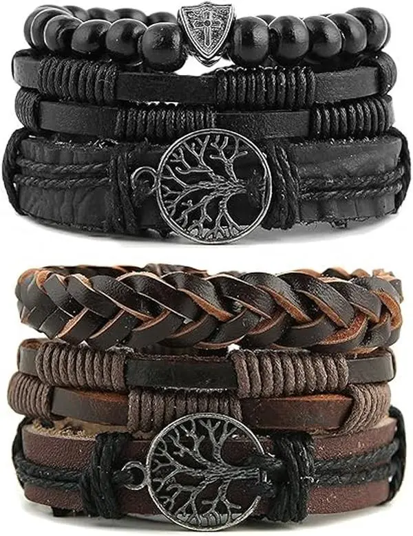 Tree of Life Leather Bracelet Set | Natural Stone & Lava Rock Beaded Wristbands for Men & Women Bracelets Set Bracelet Combination Set