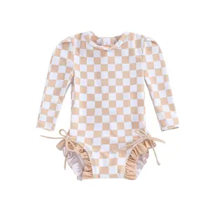 Toddler Baby Girls Checkerboard Print Bikini Beach Swimwear Zipper Swimsuit UPF 50+ Rash Guard Long Sleeve Bathing Suit #springtok