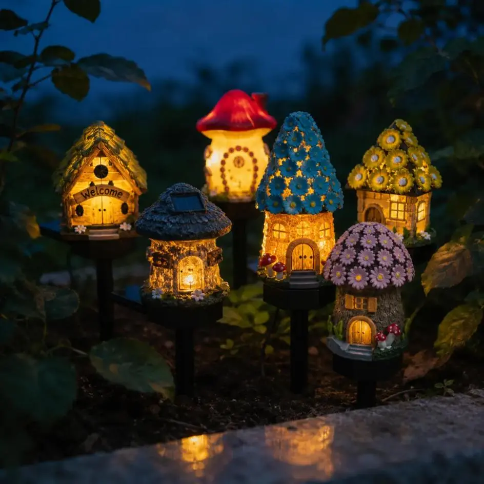 Solar Powered Fairy Garden House Stake Lights | Cute Mushroom Miniature Cottage Figurine Outdoor LED Landscape Lamp Waterproof Resin Path Decor for Yard Lawn Patio Walkway Balcony Whimsical Cottagecore Easter Ornament Multi Style Collection Pack