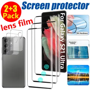 (3+2 Pack) Tempered Glass Screen Protector For Samsung Galaxy S21 Ultra , High-Definition, Scratch Resistant, Anti Fingerprint, 9H Hardness, and Camera Lens Protector, Easy To Install. ﻿