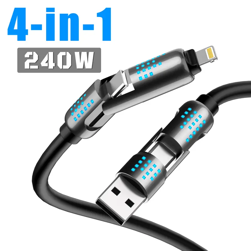 240W Fast Charging 4-in-1 Alloy Cable - Smart Chip, PD Support, 5A PD Data Transfer, Silicone-Coated, USB-C/USB-A/Lightning, High-Power Multi-Device Charging for iPhone 16/15, iPad, Samsung Phones, Laptops (iPhone-Compatible Fast Charging Cables), 4-In-1