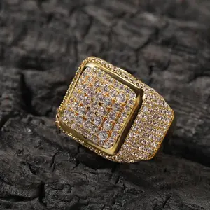 [ICE HUE]18K Gold Vacuum Plated Copper with 5A+ Sri Lanka Zircon Big block Ring Miami Italy Mexico & Micro Inspired for Women & Men Luxury Jewelry,Daily Wear,Casual Fashion,Gift Idea,,Classic,Hip Hop,Simple,Sporty Style