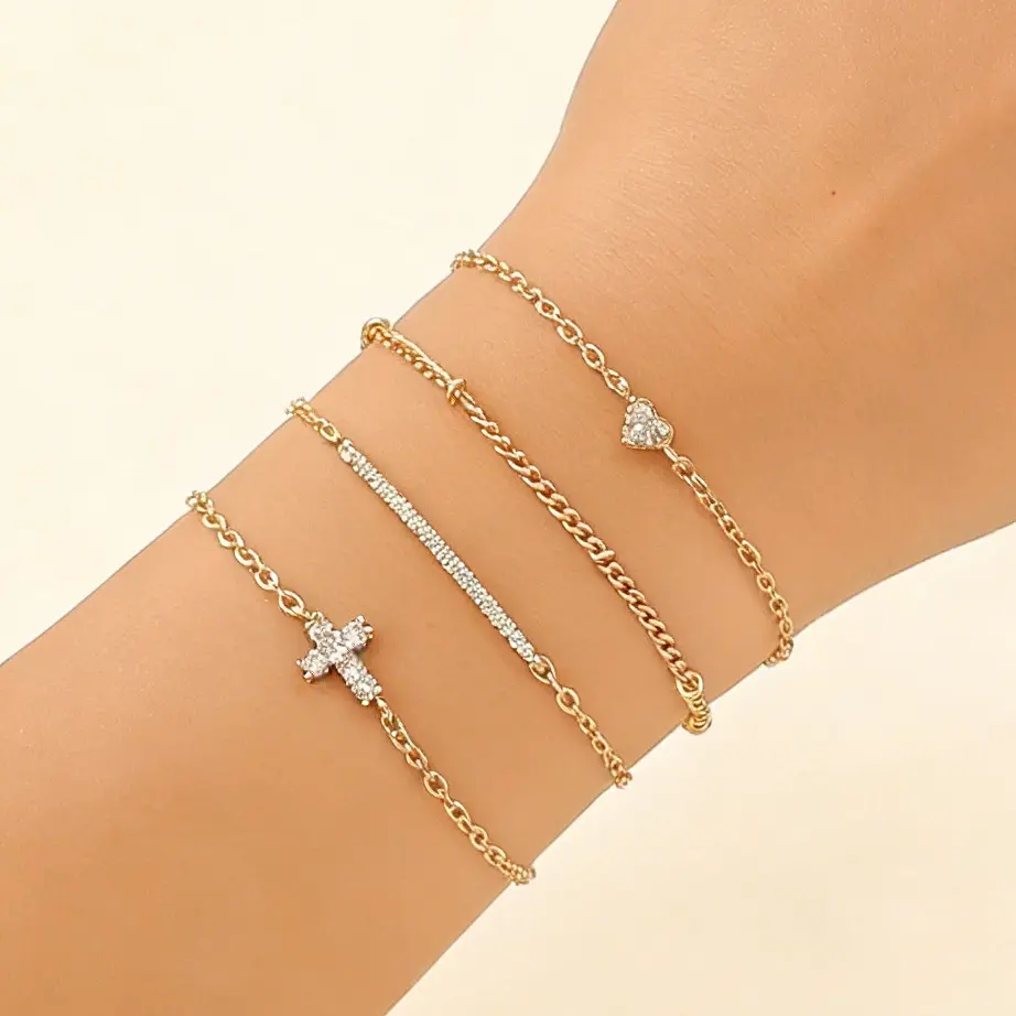 14K Gold Plated Stackable Bracelets Set for Women, 4Pcs Dainty Cross & Heart Rhinestone Multi Layer Chain Bracelets, Minimalist Sparkly Jewelry Gift for Her