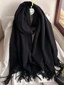 1pc Women's Black Plain Thickened Plush Wool Double-sided Imitated Cashmere Scarf, Elegant And Fashionable, Couple Tassel Decor Shawl Scarf, Versatile And Warm, Suitable For Daily Use In Autumn And Winter
