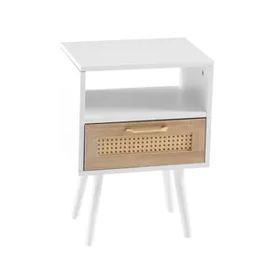 Modern Rattan End Table with Drawer & SolidWood Legs -15.75" White Nightstand & SideTable for Living Room & Bedroom