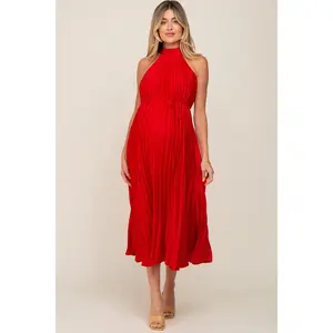 Red Pleated Maternity Halter Dress