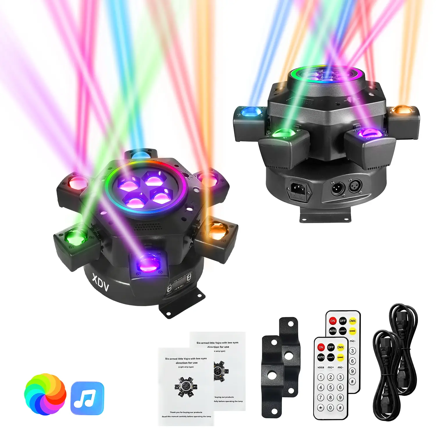 XDV 150W 6-Arm Moving Head DJ Stage Light - Super Bright, RGB Light Effect, Color Changing Rainbow LED Backlight, Multi Mode, DMX-512, Sound Sync, Adjustable Intensity, Stage Presence Festive Decor for Parties, Weddings