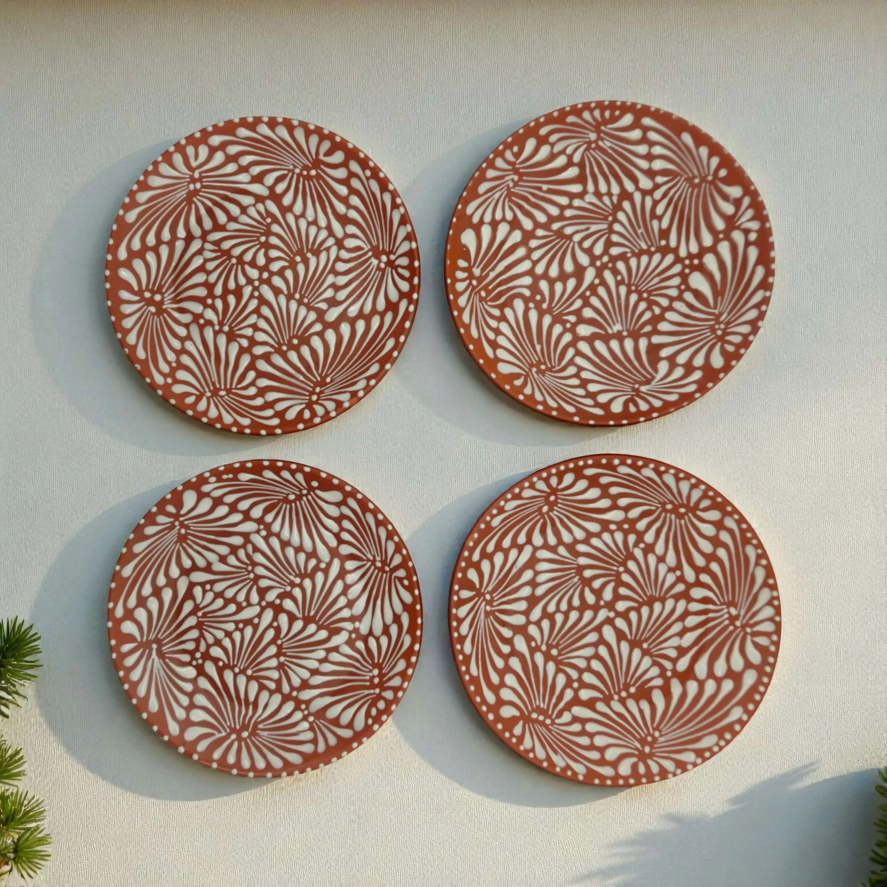 Set of 4 Brown & White Talavera Wall Plates | 11.5" Decorative Plates
