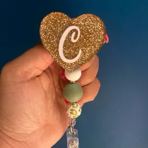 Candidly Heart Badge Reel - Personalized Reels with Your Initial, 360-Degree Rotation, Metal Alligator Clip, 2 inch Diameter, Hand-Glazed Acrylic Heart hospital worker
