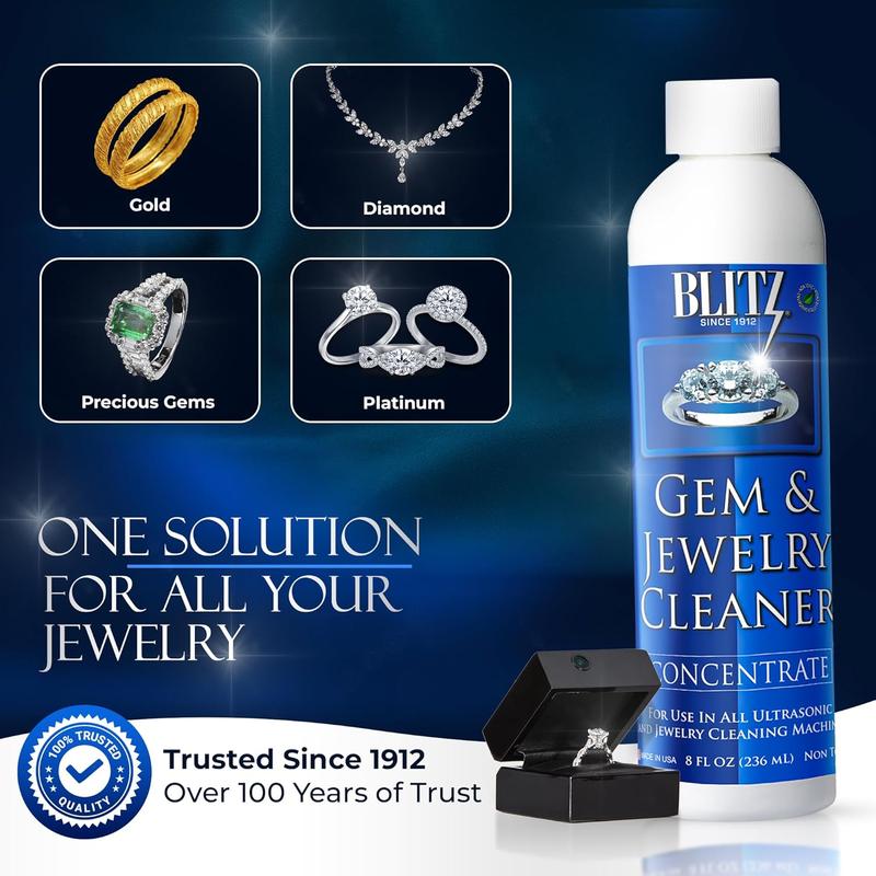 Blitz Gem & Jewelry Cleaner Concentrate 8 Oz Non-Toxic Formula for Gold Silver Diamonds & More Gentle Cleaning Solution Made in the USA