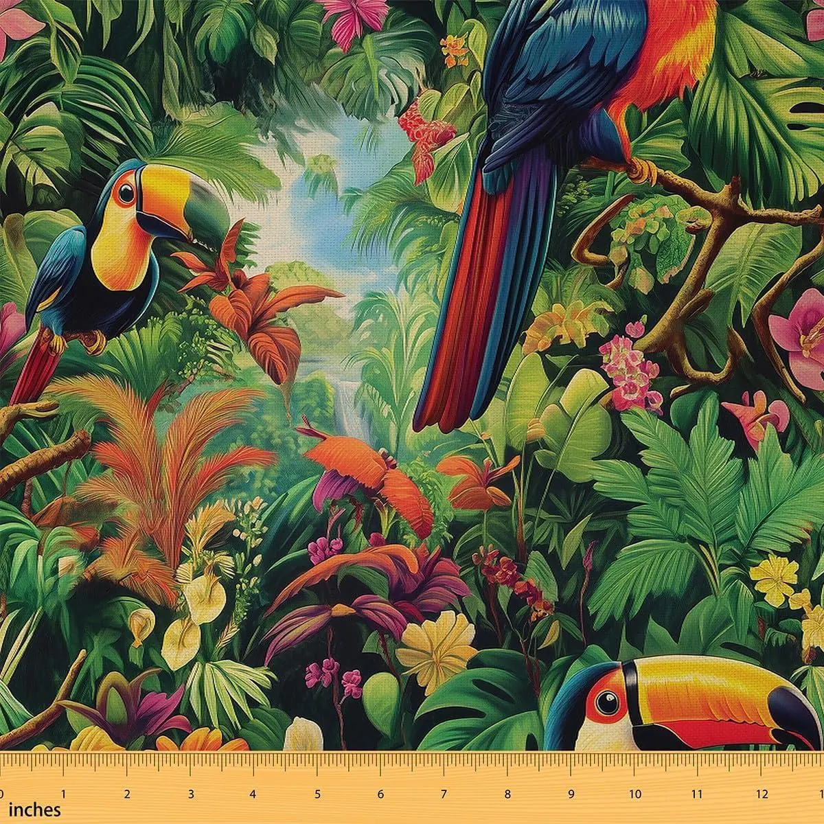 Tropical Jungle Parrot Waterproof Decorative Fabric,Colorful Blooming Flowers Indoor Outdoor Upholstery Fabric,Wild Animal Birds Sewing DIY Upholstery