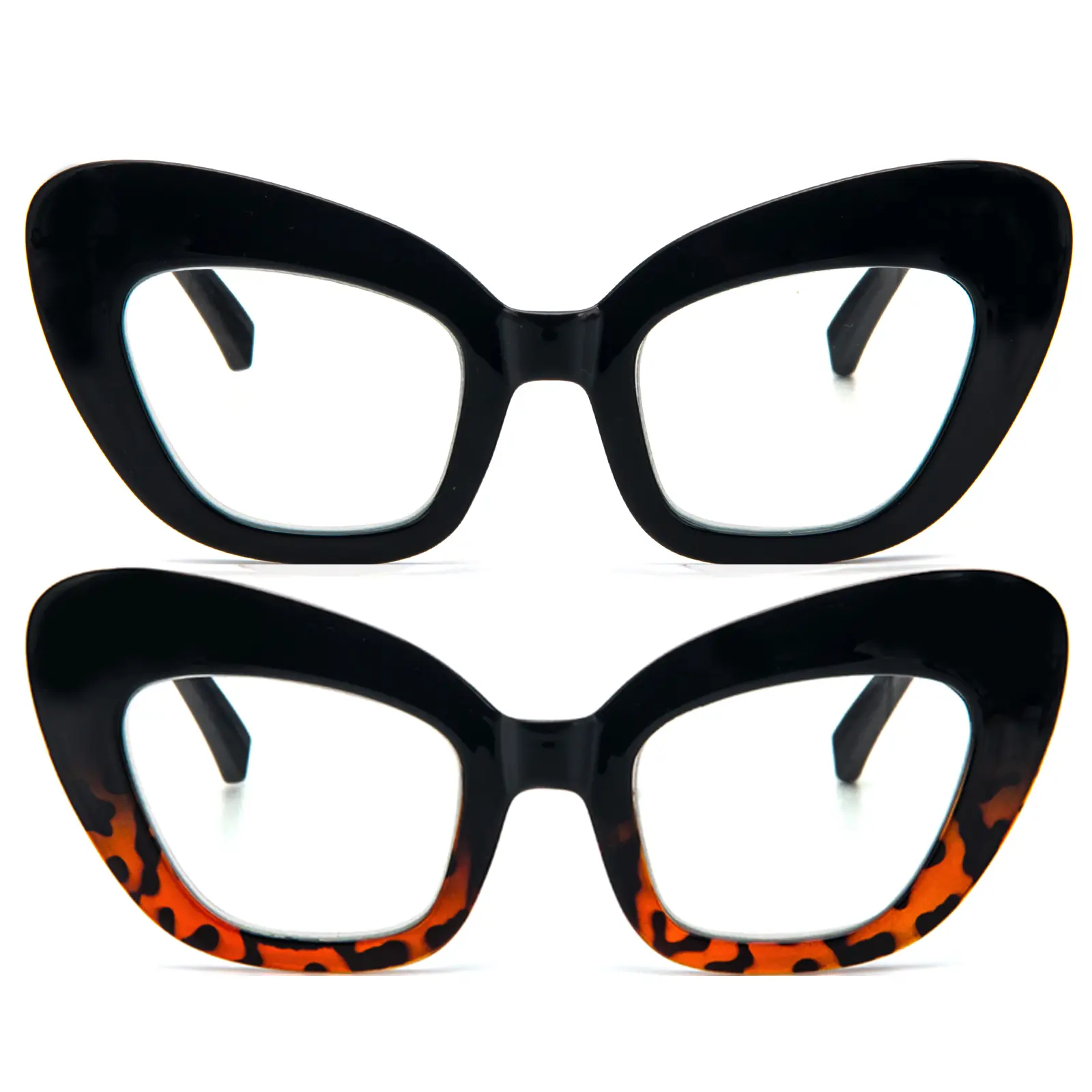 KOKOBIN 2 Pack Oversized Reading Glasses for Women, Blue Light Blocking Stylish Thick Large Frame Computer Readers Spring Hinge, Black Tortoise Leopard
