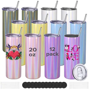 FASTSUB 20 oz Holographic Sublimation Skinny Tumbler 12-Pack, Stainless Steel Double Wall Vacuum Insulated Sublimation Blank Cups, Water Bottles Containers for DIY Gifts