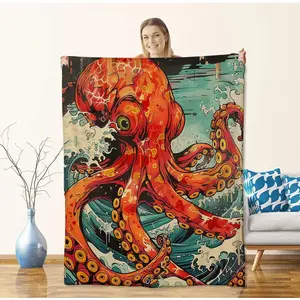Octopus Blanket for Adults & Kids, Flannel Octopus Throw Blanket, Nautical Kraken Decor, 60" x 50" Soft & Warm